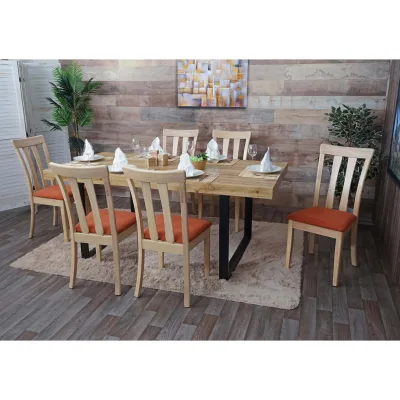 6er-Set Esszimmerstuhl MCW-G46, Küchenstuhl Stuhl, Stoff/Textil Massiv-Holz ~ naturfarbenes Gestell, orange