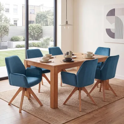 6er-Set Esszimmerstuhl MCW-G67, Esstischstuhl Küchenstuhl mit Armlehne, drehbar Holz Samt 320 g/m² MVG ~ türkis-blau
