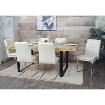 6er-Set Esszimmerstuhl MCW-H70, Küchenstuhl Freischwinger Stuhl, Stoff/Textil Edelstahl gebürstet ~ creme-beige