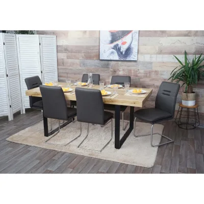 6er-Set Esszimmerstuhl MCW-H70, Küchenstuhl Freischwinger Stuhl, Stoff/Textil Edelstahl gebürstet ~ grau-braun