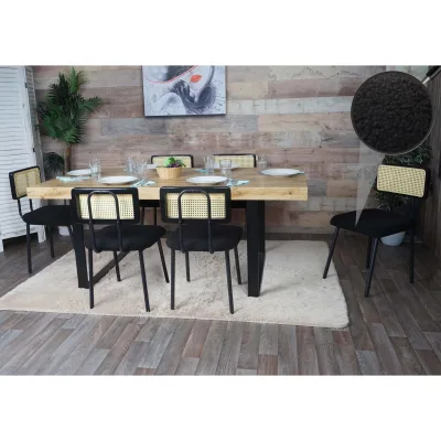 6er-Set Esszimmerstuhl MCW-K88, Lehnstuhl Stuhl, Holz Poly-Rattan Metall Bouclé ~ Stoff/Textil schwarz