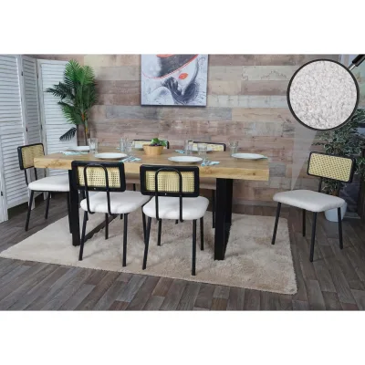 6er-Set Esszimmerstuhl MCW-K88, Lehnstuhl Stuhl, Holz Poly-Rattan Metall Bouclé ~ Stoff/Textil weiß