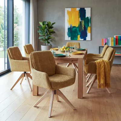 6er-Set Esszimmerstuhl MCW-Q37, Küchenstuhl drehbar, Stoff (680g/m²) Chenille Holz MVG ~ senfgelb