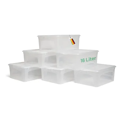 6x Aufbewahrungsboxen mit Deckel 16L transparente Boxen stapelbare Nestbar Storage boxes mit Clipverschluss Kunststoff BPA-frei 41x34x17 cm