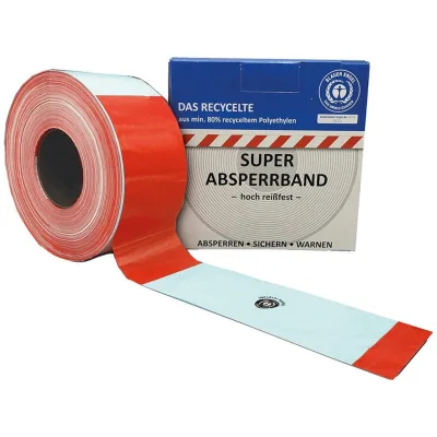 Absperrband 500 m-Rolle rot/weiß geblockt, aus mind. 80% Regranulat, Blauer Engel zertifiziert