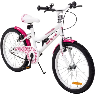 Actionbikes Kinderfahrrad Butterfly 20 Zoll, Pink, Fahrradständer, Kettenschutz, Antirutschgriffel (Weiß/Pink)