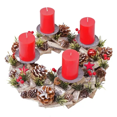 Adventskranz MCW-H50, Weihnachtsdeko Adventsgesteck Weihnachtsgesteck, Holz rund Ø 33cm MVG ~ inkl. 4x Kerzen rot