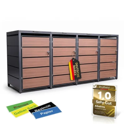 ALBATROS Mülltonnenbox 4er Holzdekor, 120L bis 240L, für Vier Tonnen, Mülltonnenverkleidung aus verzinktem Metall mit Holzdekor-Front, Anthrazit Grau RAL7016, abschließbar, wetterfest, geprüft nach ISO9227, mit Aufkleber Set