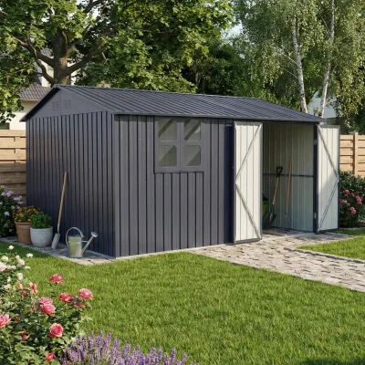 Albatros Profi Gerätehaus XXXL – verzinktes Metall in Anthrazit (RAL 7016)   371x304x201cm (22,6m³)   Inkl. Schloss & Werkzeughaken   wetterfest