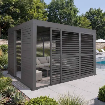 Alu Pergola MCW-L46, Pavillon Terrassenüberdachung, 6x Lamellenpaneel 6x Schiebetüren, 11cm-Gestell, 3x3m ~ anthrazit