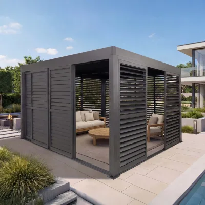Alu Pergola MCW-L46, Pavillon Terrassenüberdachung, 7x Lamellenpaneel 7x Schiebetüren, 11cm-Gestell, 3x4m ~ anthrazit