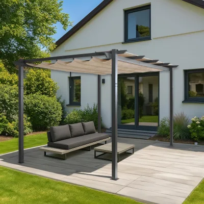 Aluminium Pergola MCW-N93, Gartenpavillon Pavillon Garten, stabiles 8cm-Gestell Schiebedach UV50+ 3x4m ~ creme-beige