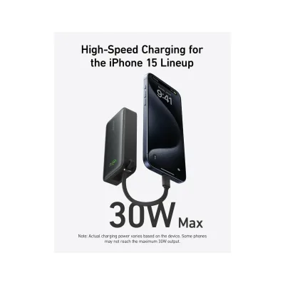 Nano Powerbank (10.000mAh, 30W, Integriertes einziehbares USB-C Kabel), Schwarz