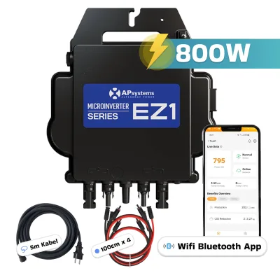 AP Systems Mikro-Wechselrichter 800 W EZ1-M-EU für Balkonkraftwerk, IP67 wetterfest, Plug&Play Installation, 2 MPPT, Bluetooth & WIFI, inkl.5m Anschlusskabel & 4x1m Solar-Verlängerungen Micro Inverter