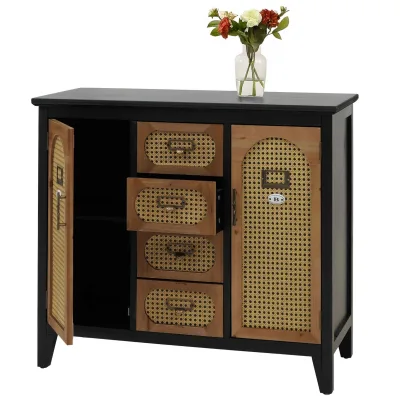 Apothekerkommode MCW-O63, Sideboard Schrank Staufächer Schubladen, Vintage Rattanoptik 80x91x40cm ~ Korpus schwarz
