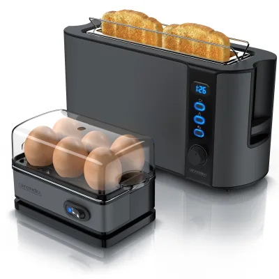 Arendo Frühstücks Set in Grau Edelstahl - Langschlitz Toaster und Eierkocher