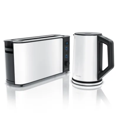 Arendo Frühstücksset, Wasserkocher ELEGANT 1,5 Liter & Langschlitztoaster für 2 Scheiben, Weiß