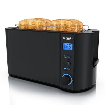 Arendo Toaster Edelstahl Langschlitz 4 Scheiben, integrierter Brötchenhalter, Bräunungsstufen 1-6, Brotzentrierung, automatisch Abschaltung, Display
