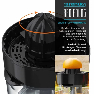 Arendo Zitruspresse mit 40 W & 700 ml Fruchtsaftbehälter Presskegel mit zwei Drehrichtungen