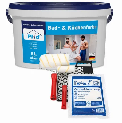 Bad & Küchenfarbe 5L Weiß + Anstreichset /  Badfarbe Küchenfarbe Feuchtraumfarbe Weiß