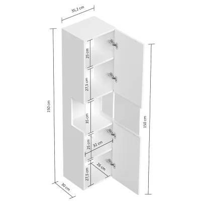 Badezimmer Hochschrank 150cm  Softclose Wandmontage Glaselement weiß Hgl