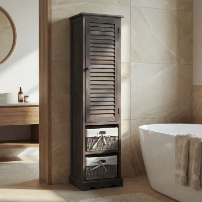 Badezimmerkommode MCW-H20, Badezimmer Schrank Badschrank Badregal, 120x27x29cm Massiv-Holz ~ shabby grau-braun