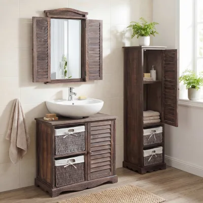 Badezimmerset MCW-H20, Badmöbel-Set Hochschrank Waschbeckenunterschrank Wandspiegel ~ shabby braun