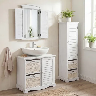 Badezimmerset MCW-H20, Badmöbel-Set Hochschrank Waschbeckenunterschrank Wandspiegel ~ shabby weiß