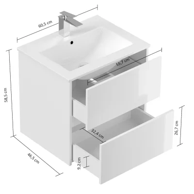 Badmöbel Limes & Waschtisch 60cm 2 Greifraum SoftClose Auszüge weiß Hgl