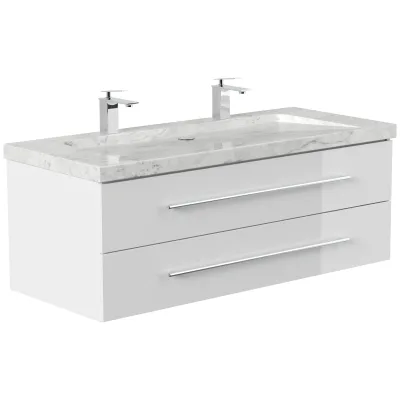 Badmöbel Marmor Carrara White YAMO 130 cm 2 Hahnlöcher SoftClose weiß hochglanz