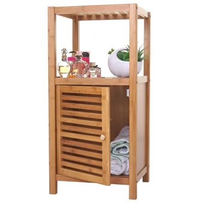 Badregal MCW-B18, Badezimmer Badschrank Standregal mit Tür, Bambus ~ 80x36x34cm