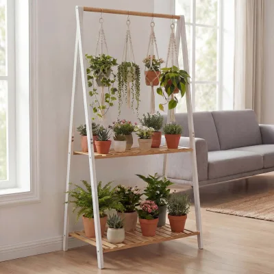 Bambus Pflanzenregal MCW-Q32, Blumentreppe Blumenständer Pflanzentreppe, Stange 2 Ablagen 130x70x44cm ~ natur-weiß