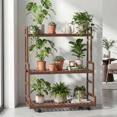 Bambus Pflanzenregal MCW-Q33, Blumentreppe Blumenständer Pflanzentreppe, 3 Ablagen Rollen 105x90x38cm ~ braun