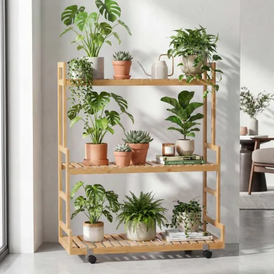 Bambus Pflanzenregal MCW-Q33, Blumentreppe Blumenständer Pflanzentreppe, 3 Ablagen Rollen 105x90x38cm ~ natur