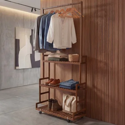 Bambus Standgarderobe MCW-Q33, Garderobenständer Kleiderständer Schuhregal, Stange 3 Ablagen Rollen 175x93x38cm ~ braun