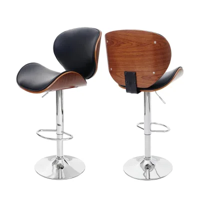Barhocker Arklow, Barstuhl, Holz Bugholz Retro-Design ~ Walnuss-Optik, Polster schwarz