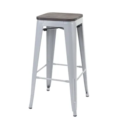 Barhocker MCW-A73 inkl. Holz-Sitzfläche, Barstuhl Tresenhocker, Metall Industriedesign stapelbar ~ grau
