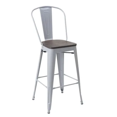 Barhocker MCW-A73 inkl. Holz-Sitzfläche, Barstuhl Tresenhocker mit Lehne, Metall Industriedesign ~ grau
