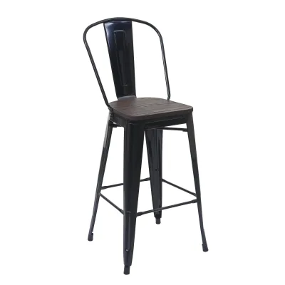 Barhocker MCW-A73 inkl. Holz-Sitzfläche, Barstuhl Tresenhocker mit Lehne, Metall Industriedesign ~ schwarz