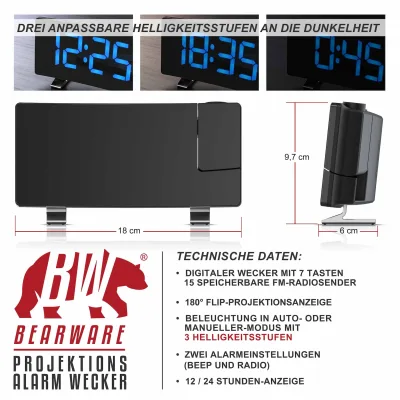 Bearware Projektionswecker Dimmer, 15 FM Radiospeicher, große blaue Ziffern, Snooze 5-60 min. Projektions Radio Wecker digital, 7 Tasten, 2 Weckalarme, USB Kabel