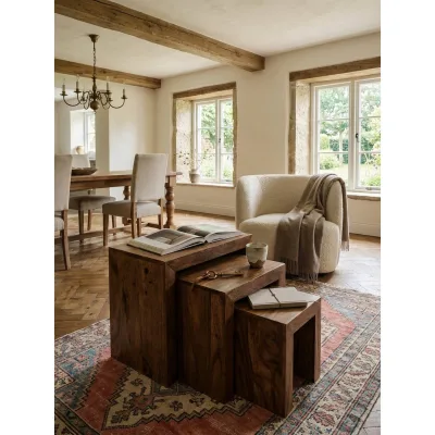 Beistelltisch 3er Set Massivholz Landhausstil Natur MUMBAI, Akazie 30x45x50 cm