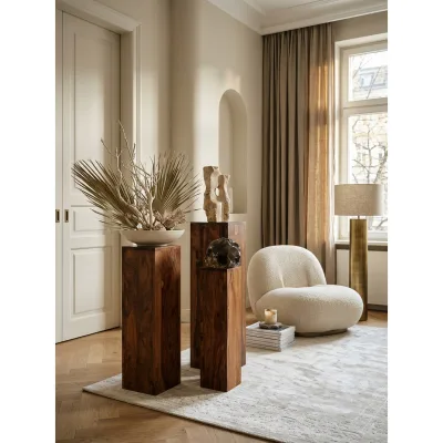 Beistelltisch 3er Set Massivholz Quadratisch Modern Säulenform, Dunkelbraun 24x24x85 cm