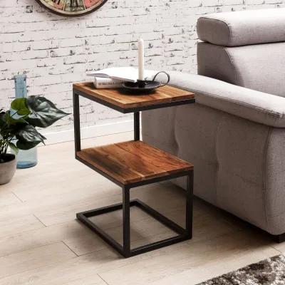 Beistelltisch Massivholz Metall S-Form Landhausstil AKOLA, Dunkelbraun 30x45x60 cm