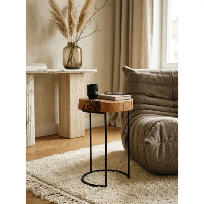 Beistelltisch Massivholz Metallbeine Baumstammform Landhausstil AKOLA, Akazie 28x28x45 cm