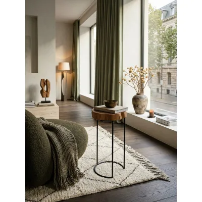 Beistelltisch Massivholz Metallbeine Baumstammform Landhausstil AKOLA, Akazie 28x28x55 cm