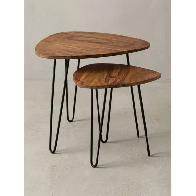 Beistelltisch Set – 2-teilig, Massivholz, Metallgestell, schmal