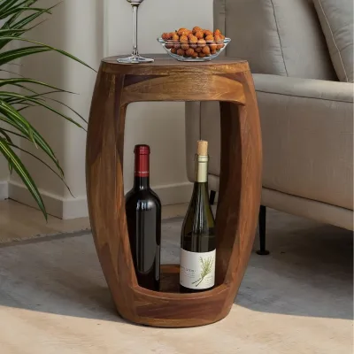 Beistelltisch Sheesham Massivholz rund 30cm Couchtisch mit Fach Wohnzimmertisch