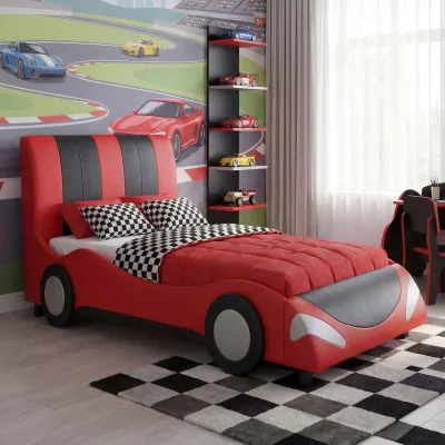 Bett MCW-E14, Auto Junge Kinderbett Jugendbett, Lattenrost Kunstleder Holz 190x100cm ~ schwarz-rot