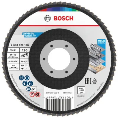 Bosch X451 Fächerschleifscheibe, 115 x 22,23 mm, K120, Z27, 15-tlg., Art.Nr. 2608626136