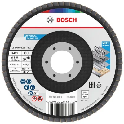 Bosch X451 Fächerschleifscheibe, 115 x 22,23 mm, K60, Z27, 15-tlg., Art.Nr. 2608626132